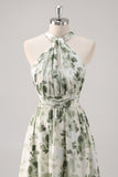 Green Flower A-Line Print Ruched Convertible Design Long Bridesmaid Dress