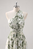 Green Flower A Line One Shoulder Convertible Design Bridesmaid Dress