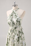 Green Flower A-Line Print Ruched Convertible Design Long Bridesmaid Dress