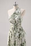 Green Flower A Line One Shoulder Convertible Design Bridesmaid Dress