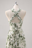 Green Flower A-Line Print Ruched Convertible Design Long Bridesmaid Dress