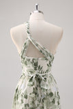 Green Flower A Line One Shoulder Convertible Design Bridesmaid Dress