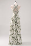 A-Line Ruched Convertible Design Floor Length Green Floral Bridesmaid Dress