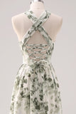 A-Line Ruched Convertible Design Floor Length Green Floral Bridesmaid Dress