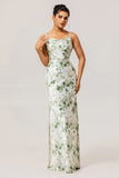 Green Flower Sheath Cowl Neck Print Open Back Long Bridesmaid Dress with Slit