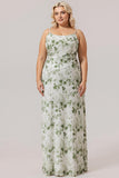 Green Flower Sheath Cowl Neck Print Open Back Long Plus Size Bridesmaid Dress with Slit