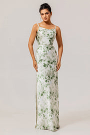 Green Flower Sheath Cowl Neck Print Open Back Long Bridesmaid Dress with Slit