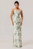 Green Flower Sheath Cowl Neck Print Open Back Long Bridesmaid Dress with Slit