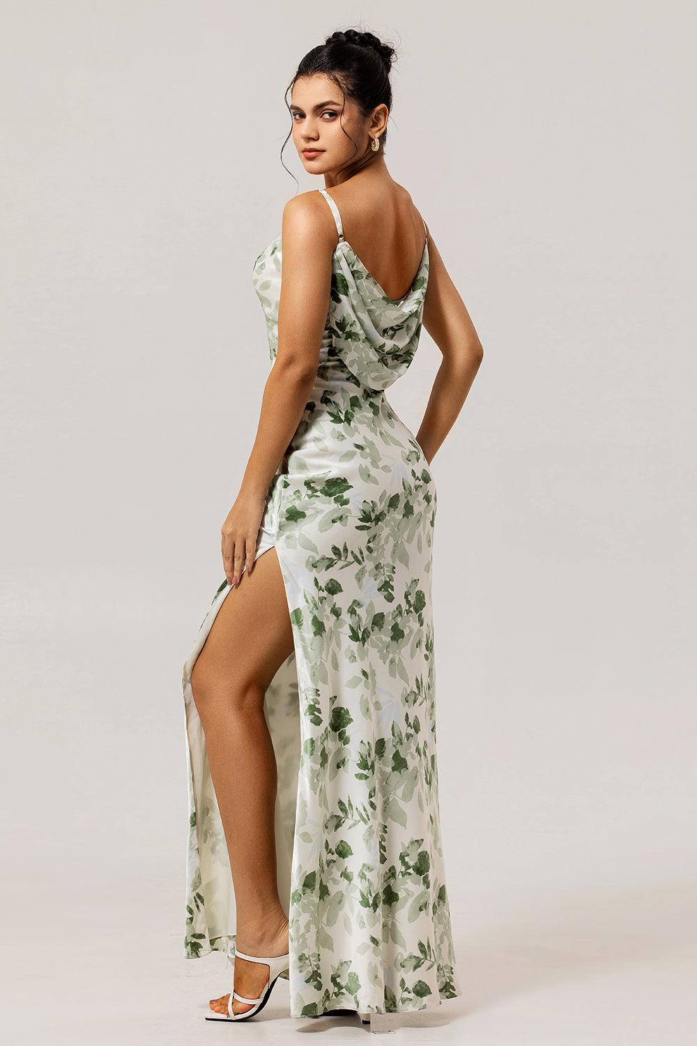 WEDTREND Women Green Flower Long Bridesmaid Dress with Slit Sheath Cowl Neck Print Open Back Wedding Guest Dress WEDTREND Women Green Flower Long Bridesmaid Dress with Slit Sheath Cowl Neck Print Open Back Wedding Guest Dress