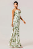 Green Flower Sheath Cowl Neck Print Open Back Long Bridesmaid Dress with Slit