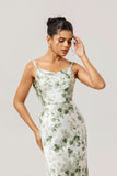 Green Flower Sheath Cowl Neck Print Open Back Long Bridesmaid Dress with Slit