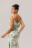 Green Flower Sheath Cowl Neck Print Open Back Long Bridesmaid Dress with Slit