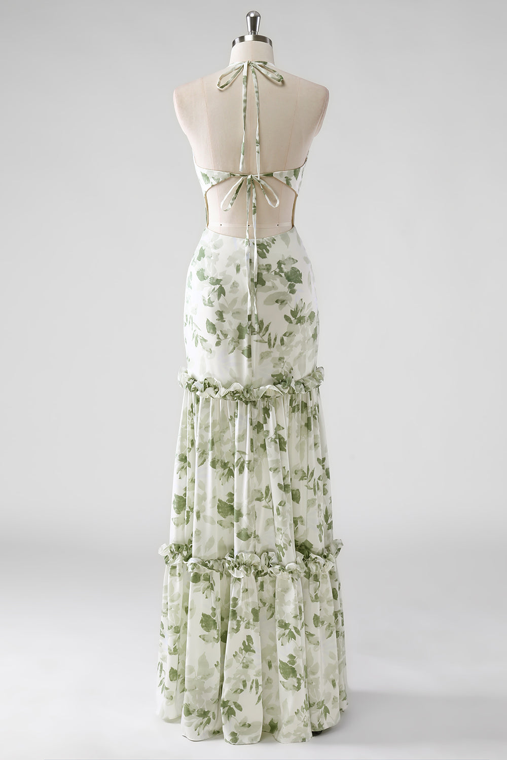 WEDTREND Women Green Flower Bridesmaid Dress with Slit Sheath Halter Neck Printed Long Wedding Party Dress with Lace Up Back WEDTREND Women Green Flower Bridesmaid Dress with Slit Sheath Halter Neck Printed Long Wedding Party Dress with Lace Up Back