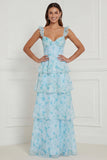 Blue Flower A Line Spaghetti Straps Tiered Floor Length Dress with Slit