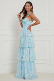 Blue Flower A Line Spaghetti Straps Tiered Floor Length Dress with Slit