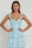 Blue Flower A Line Spaghetti Straps Tiered Floor Length Dress with Slit