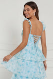 Blue Flower A Line Spaghetti Straps Tiered Floor Length Dress with Slit