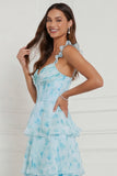 Blue Flower A Line Spaghetti Straps Tiered Floor Length Dress with Slit