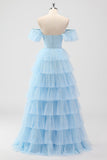 Sky Blue A Line Off The Shoulder Tiered Corset Long Prom Dress with Slit