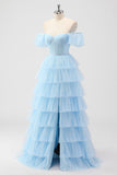 Sky Blue A Line Off The Shoulder Tiered Corset Long Prom Dress with Slit
