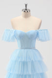 Sky Blue A Line Off The Shoulder Tiered Corset Long Prom Dress with Slit