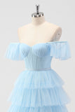 Sky Blue A Line Off The Shoulder Tiered Corset Long Prom Dress with Slit