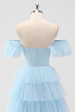 Sky Blue A Line Off The Shoulder Tiered Corset Long Prom Dress with Slit
