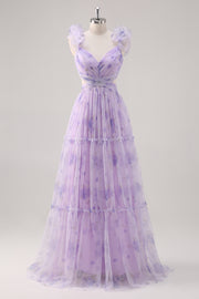 Lavender A Line V Neck Pleated Hollow Print Tulle Floral Dress with Lace Up Back