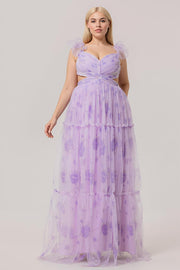 Lavender A-Line Pleated Cut-Out Print Tulle Long Plus Size Bridesmaid Dress