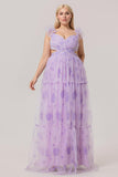 Lavender A-Line Pleated Cut-Out Print Tulle Long Plus Size Bridesmaid Dress