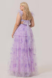 Lavender A-Line Pleated Cut-Out Print Tulle Long Plus Size Bridesmaid Dress