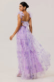 Lavender A Line V Neck Pleated Hollow Print Tulle Floral Dress with Lace Up Back