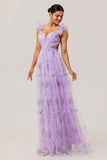 Lavender A-Line Pleated Cut-Out Print Tulle Long Bridesmaid Dress