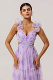 Lavender A-Line Pleated Cut-Out Print Tulle Long Bridesmaid Dress
