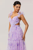 Lavender A-Line Pleated Cut-Out Print Tulle Long Bridesmaid Dress