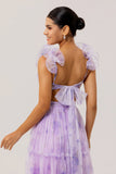 Lavender A-Line Pleated Cut-Out Print Tulle Long Bridesmaid Dress