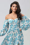 Grey Purple A Line Off The Shoulder Chiffon Print Floral Long Bridesmaid Dress with Slit