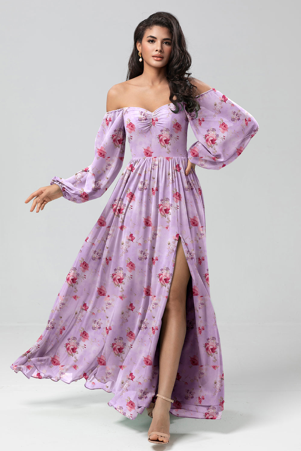 Wedtrend Women Grey Purple Long Bridesmaid Dress with Slit A Line Off The Shoulder Chiffon Print Floral Wedding Party Dress WEDTREND Wedtrend Women Grey Purple Long Bridesmaid Dress with Slit A Line Off The Shoulder Chiffon Print Floral Wedding Party Dress WEDTREND