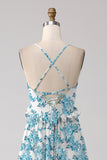 Blue Flower A-Line Spaghetti Straps Backless Long Bridesmaid Dress With Ruffles