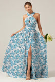 Grey Purple A Line Halter Chiffon Print Floral Long Bridesmaid Dress with Slit