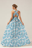 Grey Purple A Line Halter Chiffon Print Floral Long Bridesmaid Dress with Slit