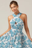 Grey Purple A Line Halter Chiffon Print Floral Long Bridesmaid Dress with Slit