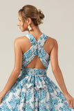 Grey Purple A Line Halter Chiffon Print Floral Long Bridesmaid Dress with Slit