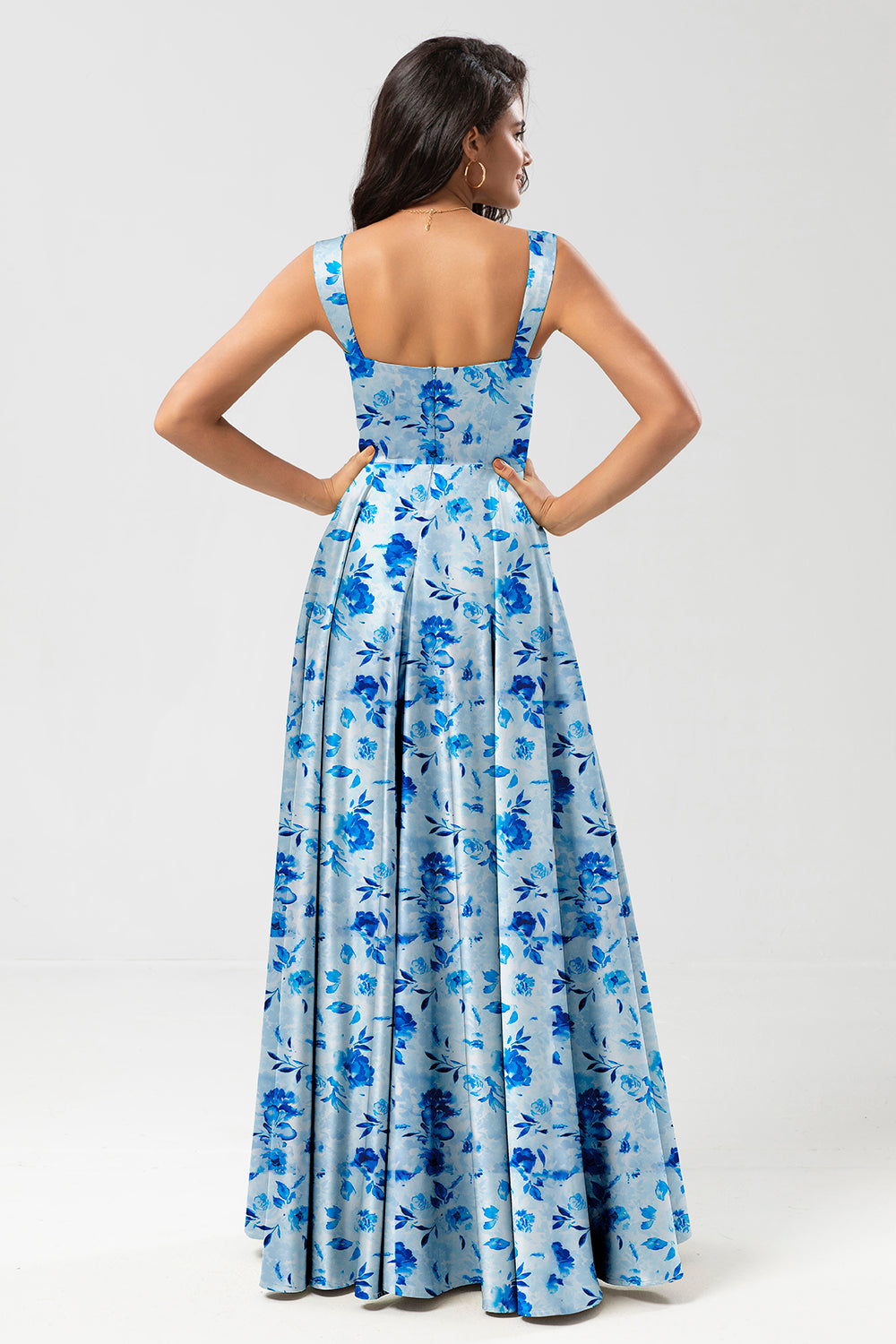 Wedtrend Women Blue Flower Satin Bridesmaid Dress with Pocket A-Line Square Neck Floor Length Print Wedding Party Dress WEDTREND Wedtrend Women Blue Flower Satin Bridesmaid Dress with Pocket A-Line Square Neck Floor Length Print Wedding Party Dress WEDTREND