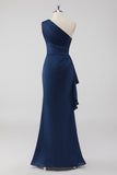 Navy Mermaid One Shoulder Ruched Long Formal Dress with Ruffles