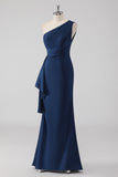 Navy Mermaid One Shoulder Ruched Long Formal Dress with Ruffles