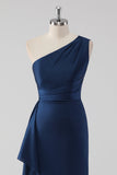 Navy Mermaid One Shoulder Ruched Long Formal Dress with Ruffles