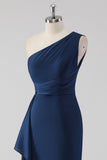 Navy Mermaid One Shoulder Ruched Long Formal Dress with Ruffles