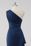 Navy Mermaid One Shoulder Ruched Long Formal Dress with Ruffles
