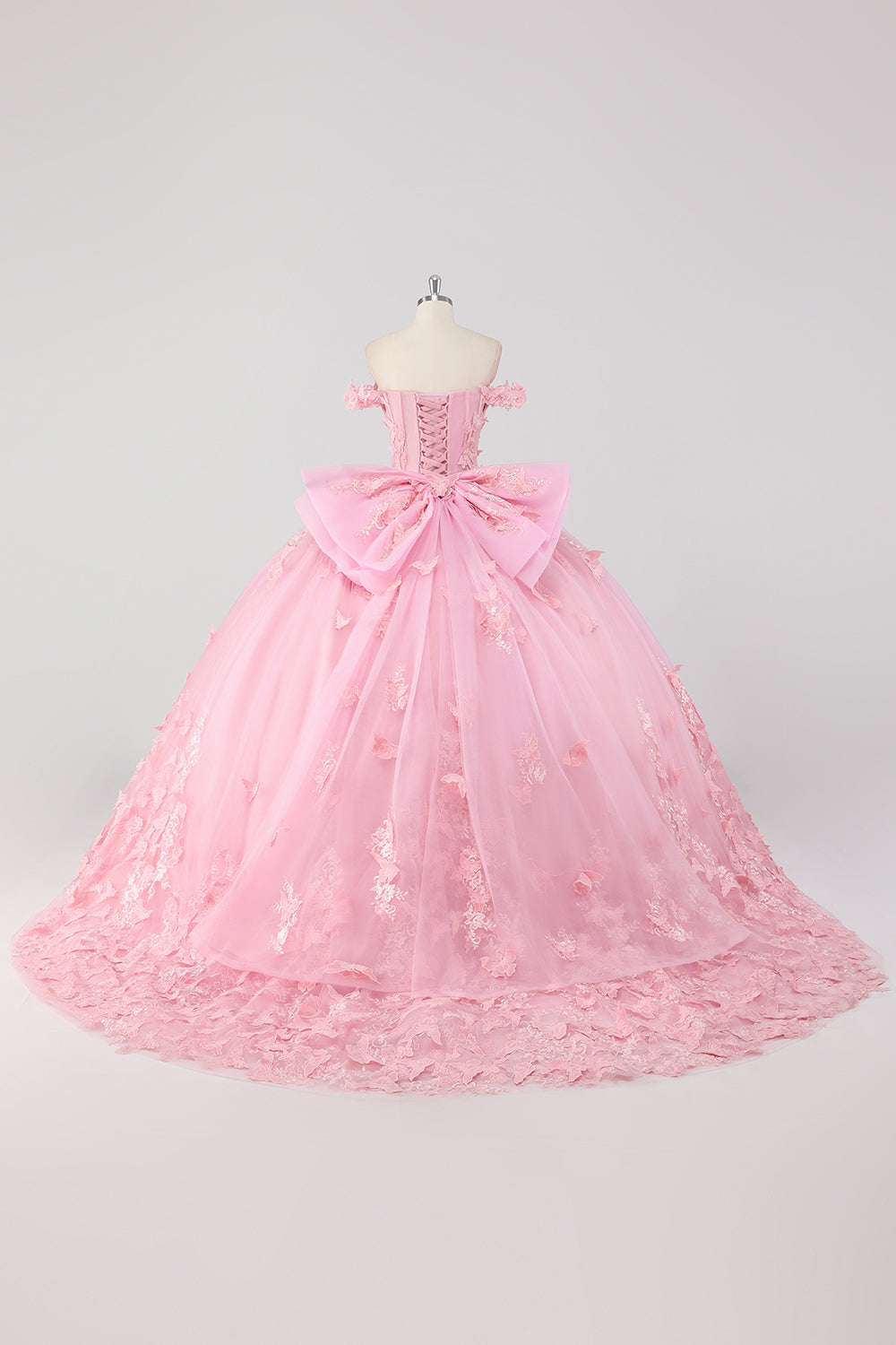 WEDTREND Women Sparkly Blush Pink Quinceanera Dress Off the Shoulder Butterfly Pearls Tulle Sweet 16 Dress with Bow WEDTREND Women Sparkly Blush Pink Quinceanera Dress Off the Shoulder Butterfly Pearls Tulle Sweet 16 Dress with Bow